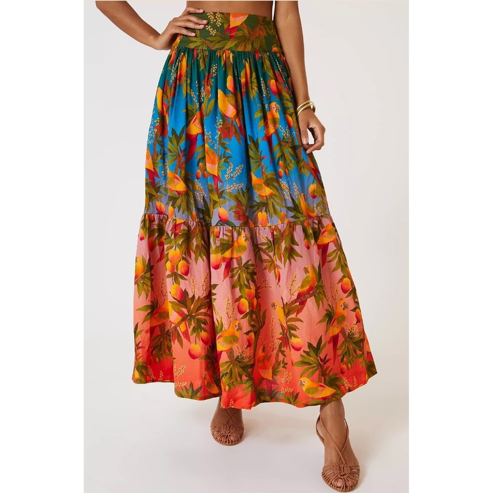 NWT Farm Rio for Anthropologie Parrot Tropical Tiered Maxi Skirt XS